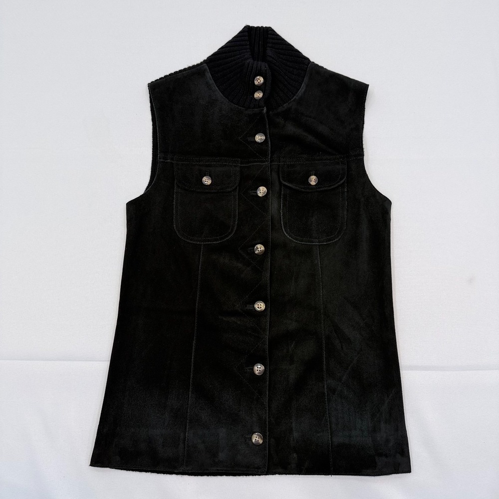 J McLaughlin Leather Suede Wool Knit Vest Womens Small Ribbed Button Front Black